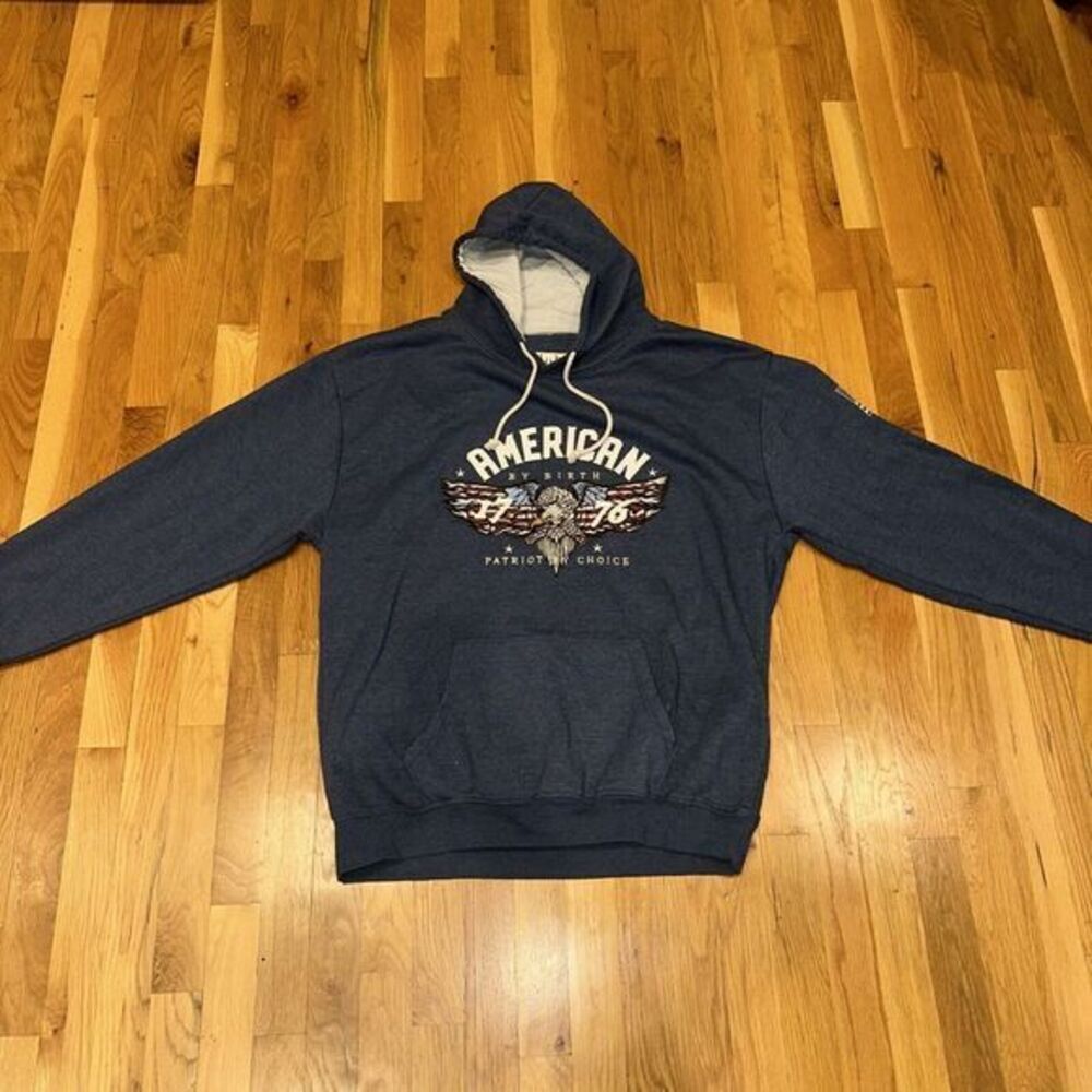 Buck Wear Hoodie Pullover Long Sleeve Flag Outdoor Casual Size 2XL. Blue